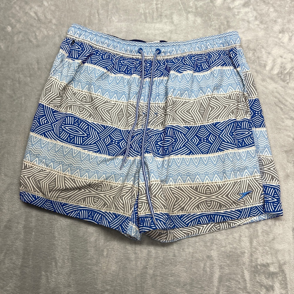 Speedo Board Shorts Mens‎ XL Swim Trunks Blue Grey Geometric Tribal Print Y2K